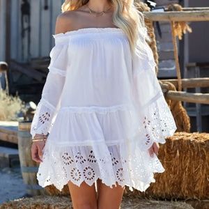 GRISEL COTTON EYELET OFF THE SHOULDER DRESS - WHITE  - New with TAGS